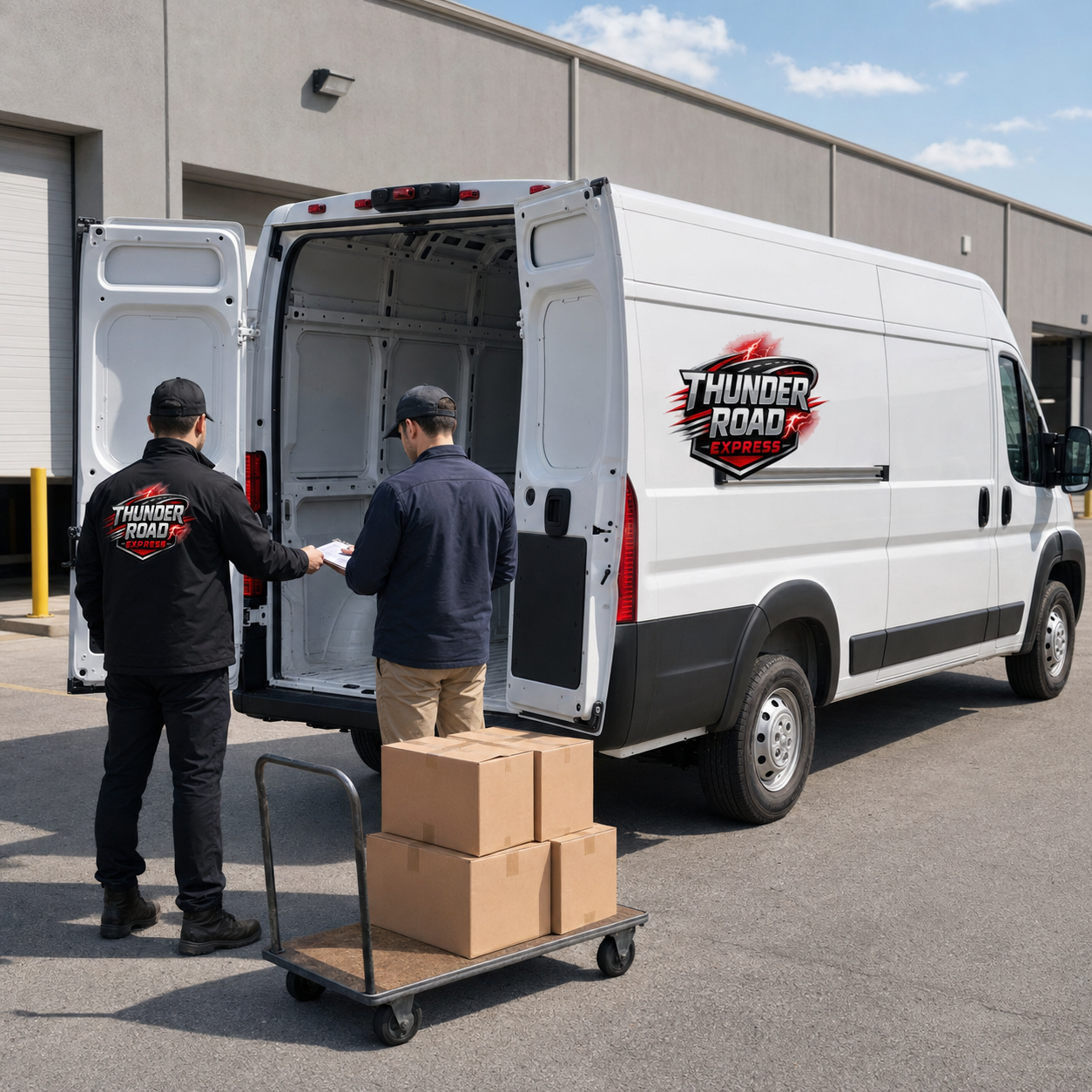 Two Thunder Road Express workers unloading boxes from the open cargo van onto a cart at a delivery destination