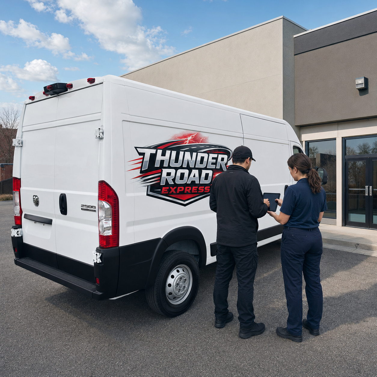 Recipient signing an electronic proof of delivery on a driver's tablet at the back of the cargo van