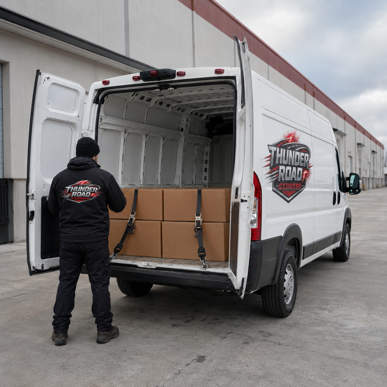 Thunder Road Express driver securing business cargo with restraint straps inside the cargo van