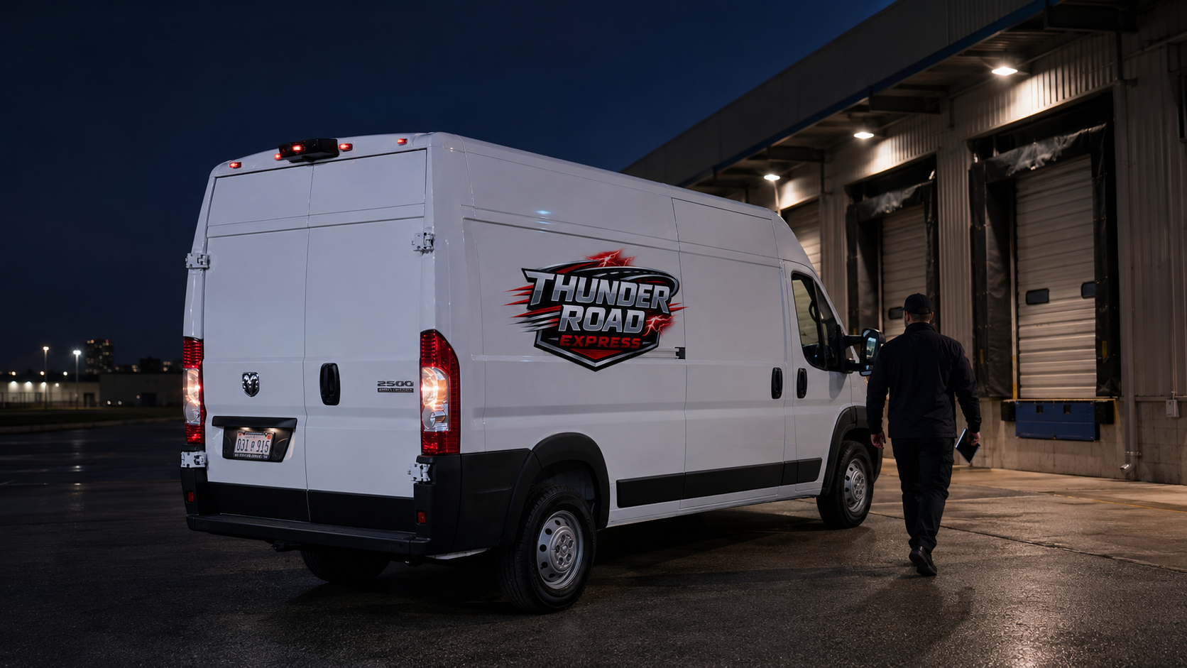 Thunder Road Express cargo van making an after-hours night delivery at a lit commercial loading dock