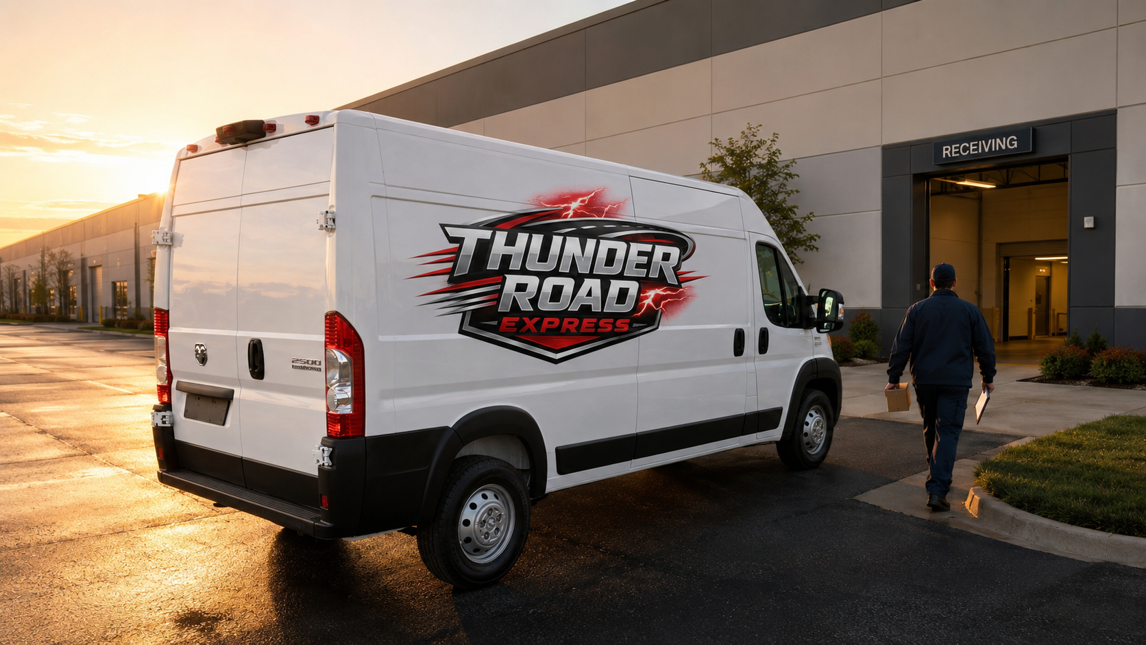 Thunder Road Express cargo van parked at a commercial facility loading dock during a scheduled business pickup