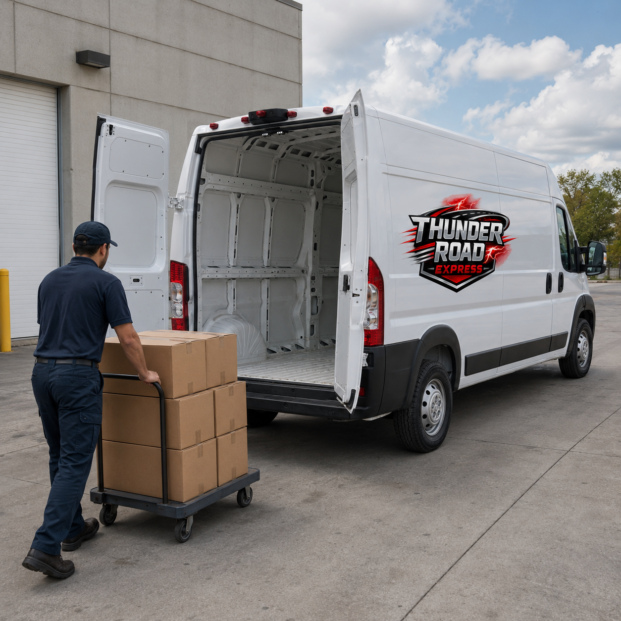 Thunder Road Express driver loading boxed business cargo from a cart into the rear of the branded cargo van