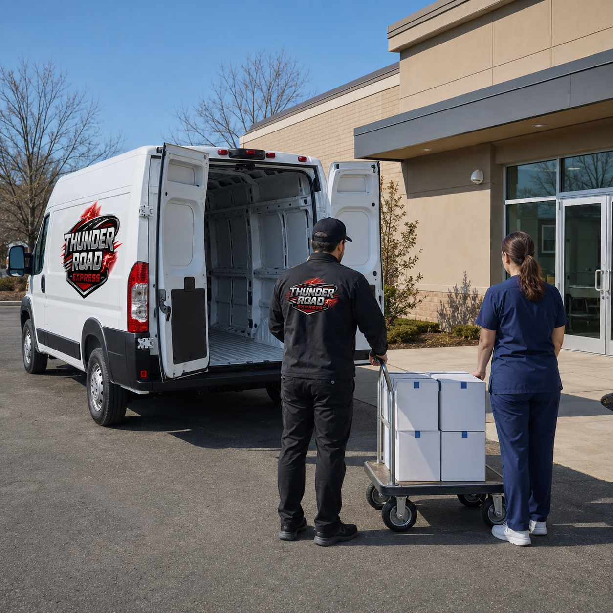 Thunder Road Express driver delivering medical and office supply boxes from the cargo van to a facility